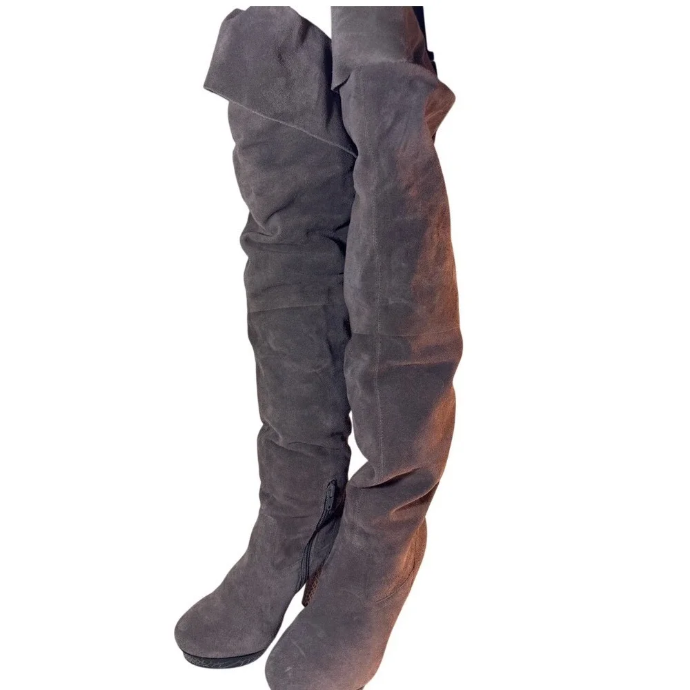 Bakers Grey Suede Over The‎ Knee Boots Snakeskin Platform Stiletto Heel 8.5B